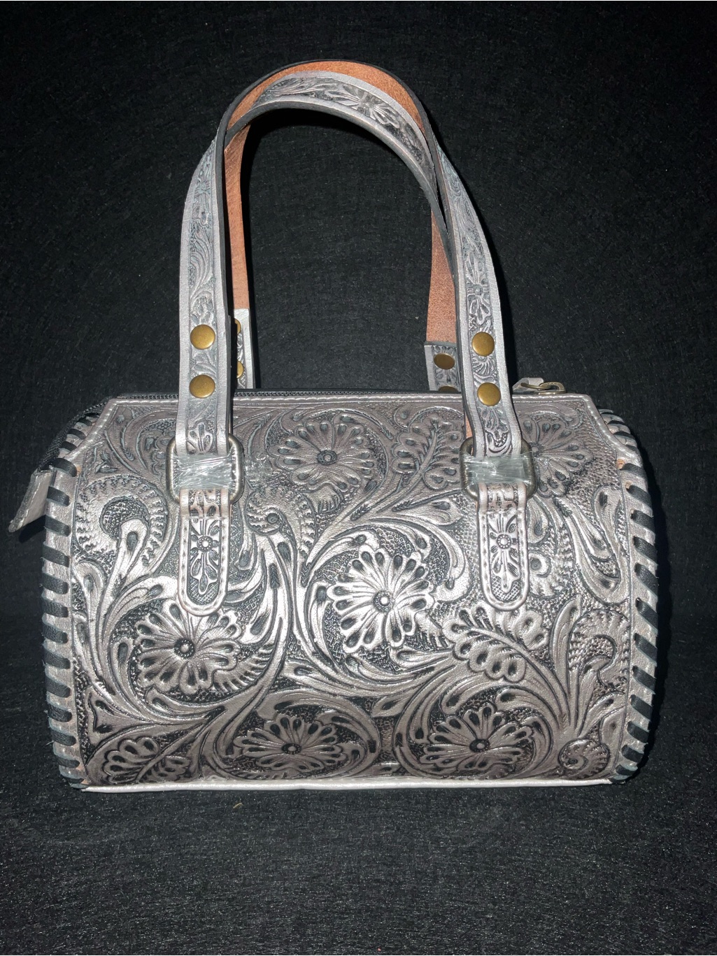 Silver Small Tooled Western Floral Leather Speedy W/Adjustable Detachable Strap